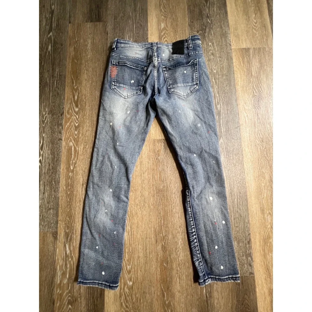 LR Scoop Distressed Jeans Mens‎ 32x30 Blue Good Paint Splatter Moto Ripped Denim